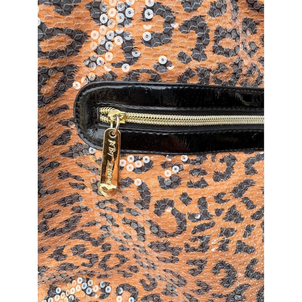 Betsey Johnson Leopard Print Sequin Shoulder Bag Black Patent Trim Gold Hardware - Picture 3 of 15